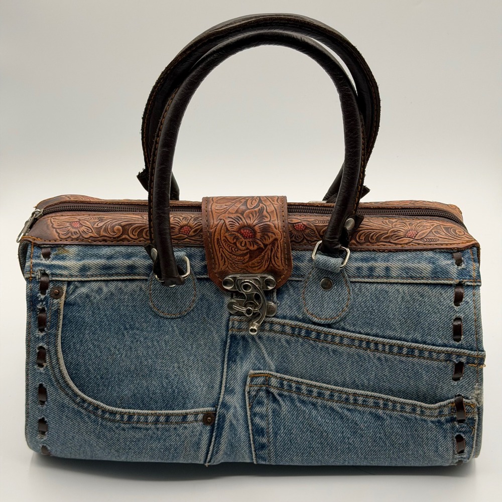 Levis Strauss Denim handmade Handbag Tooled Leather Western Boho Blue Jean Bag